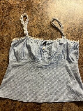 Wayf Light Blue Striped Lace-Trim Tank